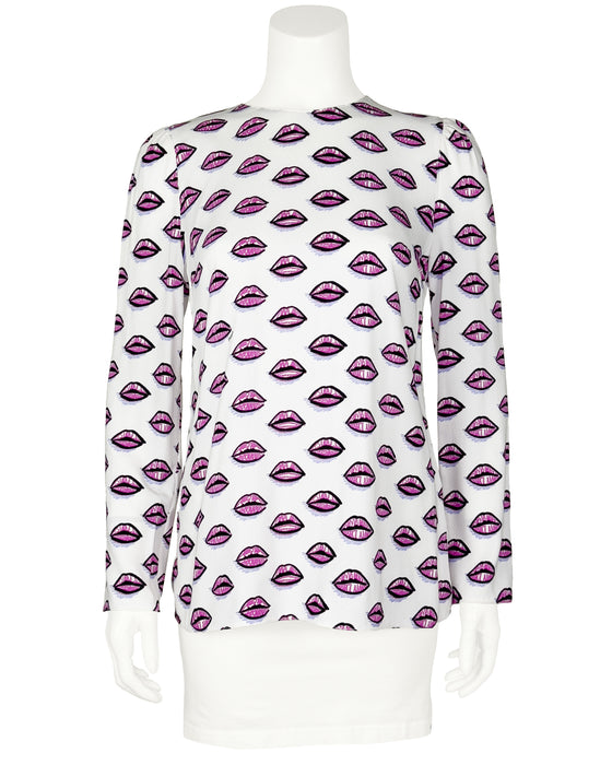 White Lip Print Blouse With Tie