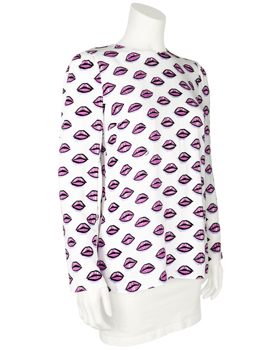 White Lip Print Blouse With Tie
