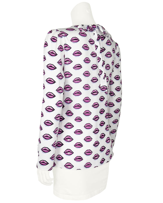White Lip Print Blouse With Tie