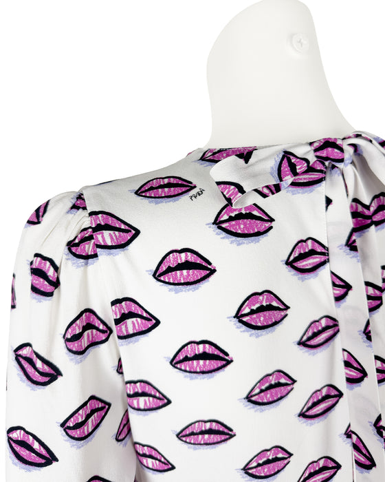 White Lip Print Blouse With Tie