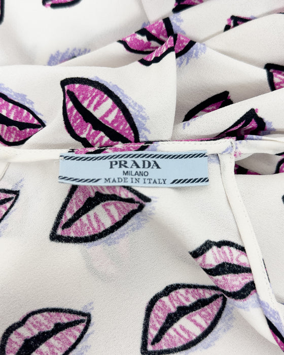 White Lip Print Blouse With Tie