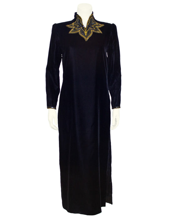 Black Velvet Gown with Black and Gold Beading