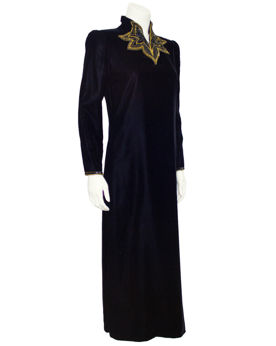 Black Velvet Gown with Black and Gold Beading