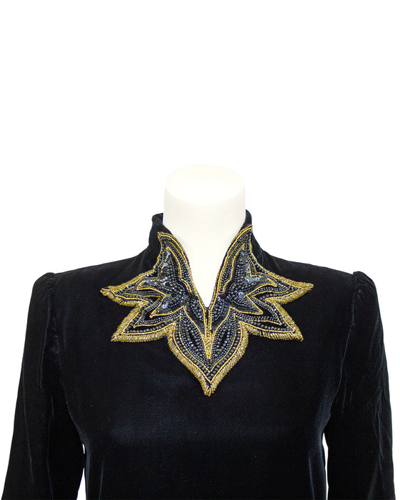 Black Velvet Gown with Black and Gold Beading