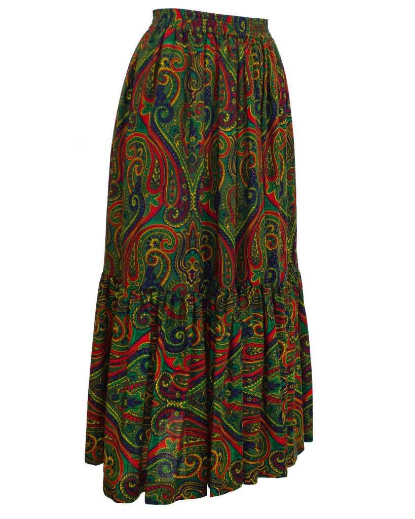 【関税込み】saint laurent PAISLEY SKIRT Paisley ruffled silk-blend maxi skirt in green - Saint