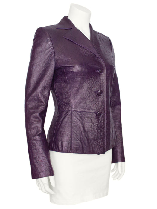 Plum Crocodile Embossed Leather Jacket