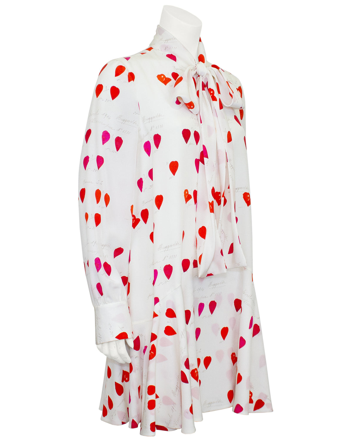 white dress red hearts White and Red Silk Heart Print Dress – Vintage Couture