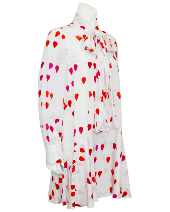 White and Red Silk Heart Print Dress