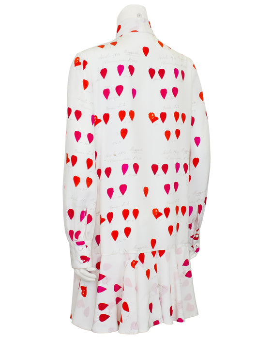 White and Red Silk Heart Print Dress