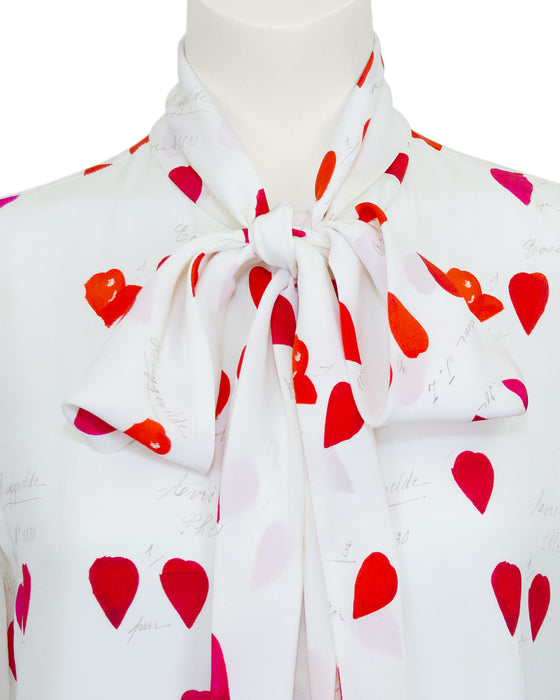White and Red Silk Heart Print Dress