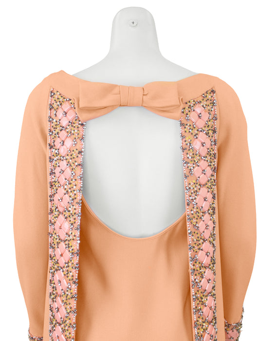 Orange Silk Crepe Cocktail Dress with Open Back and Elaborate Beading