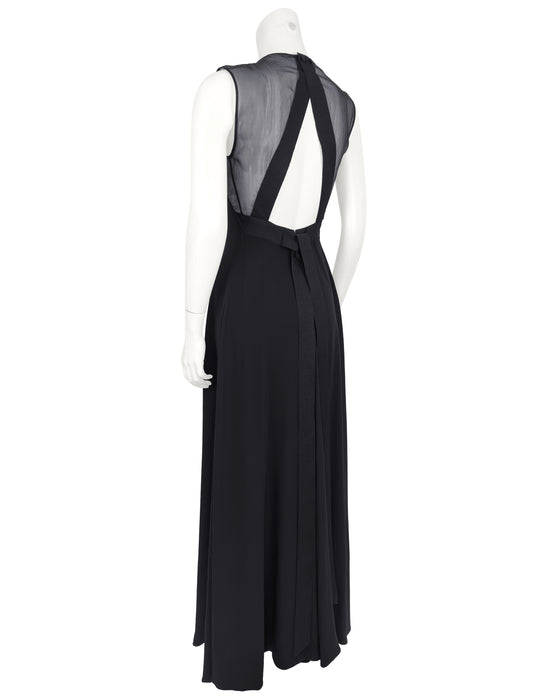 Black Sleeveless Gown with Sheer Panel and Open Back