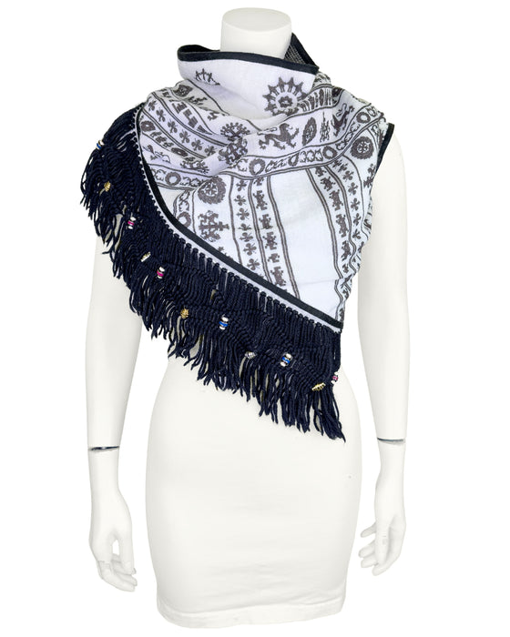 Brown & White Fringe Scarf with Beads