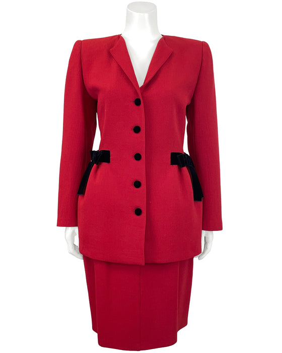 Red Skirt Suit with Black Velvet Bows