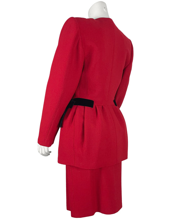 Red Skirt Suit with Black Velvet Bows