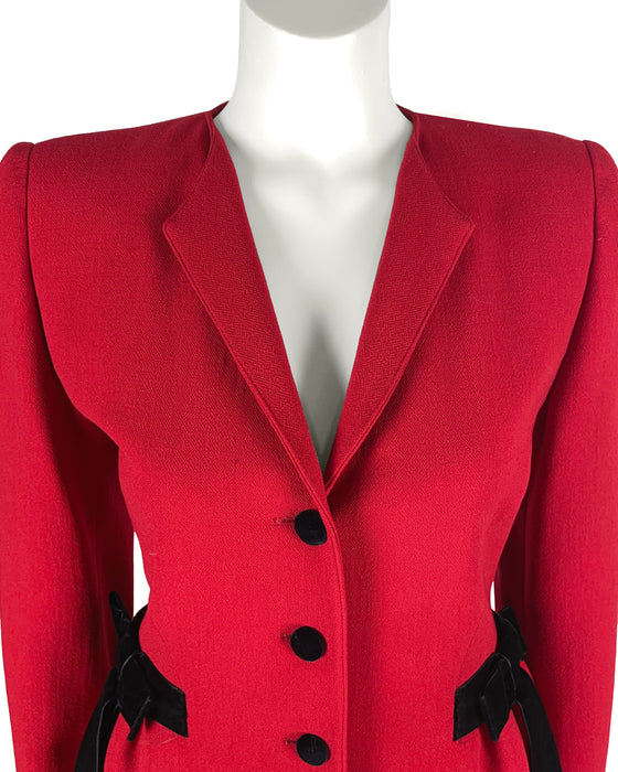Red Skirt Suit with Black Velvet Bows