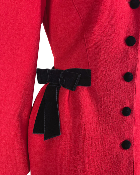 Red Skirt Suit with Black Velvet Bows