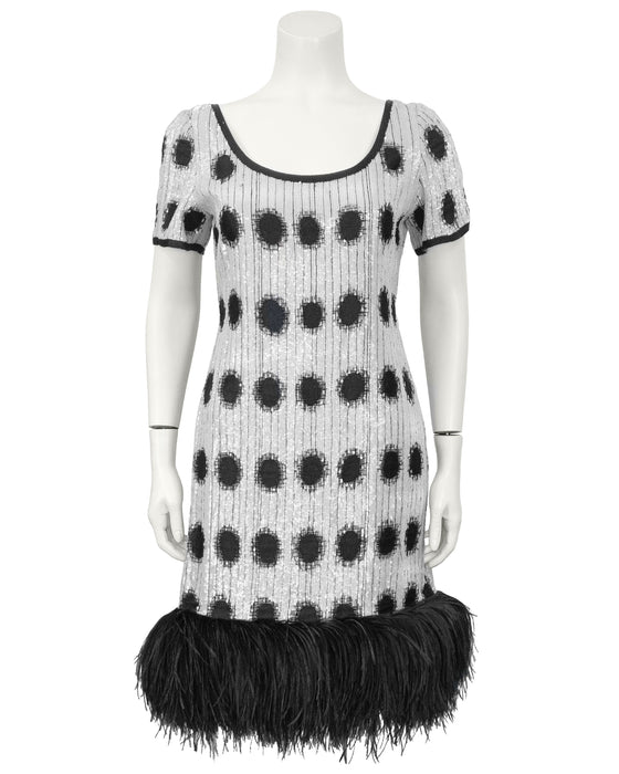 Black and White Sequin Dress With Feather Trim