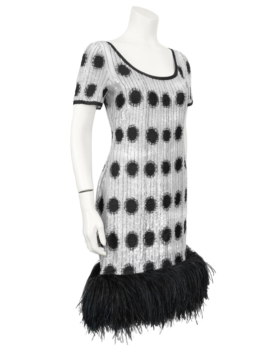 Black and White Sequin Dress With Feather Trim