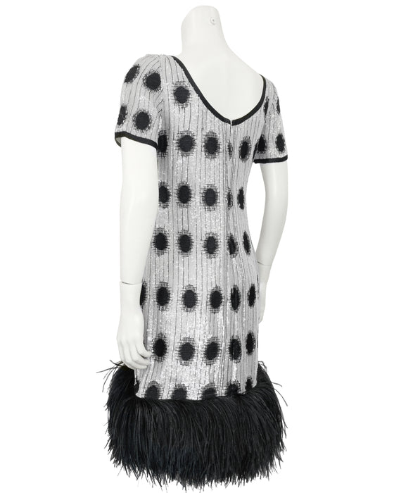 Black and White Sequin Dress With Feather Trim