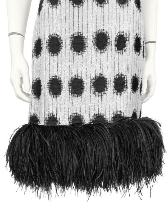 Black and White Sequin Dress With Feather Trim