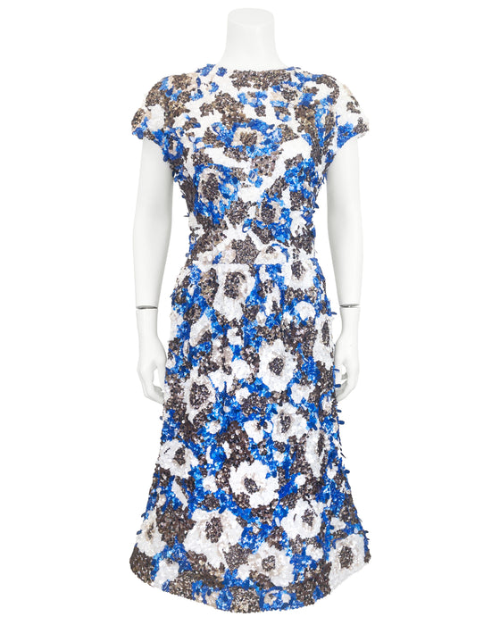 Blue, White & Bronze Hand Sequinned Cocktail Dress