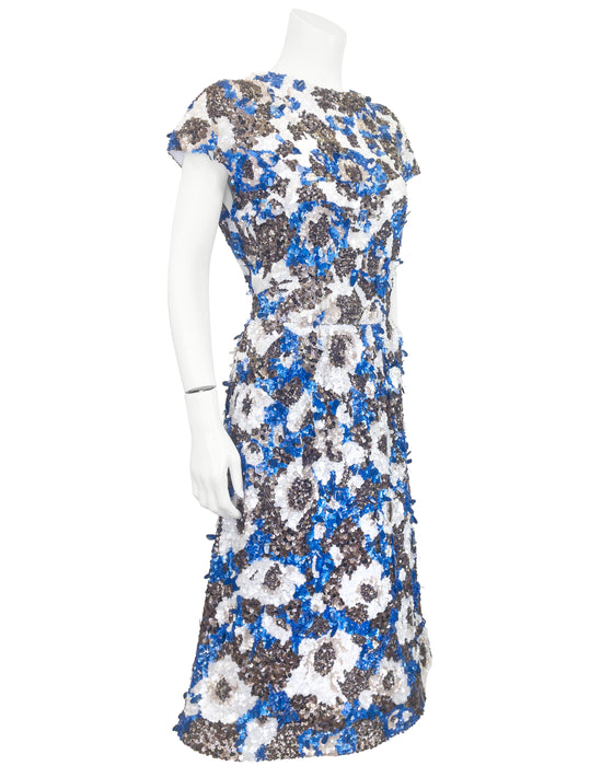 Blue, White & Bronze Hand Sequinned Cocktail Dress