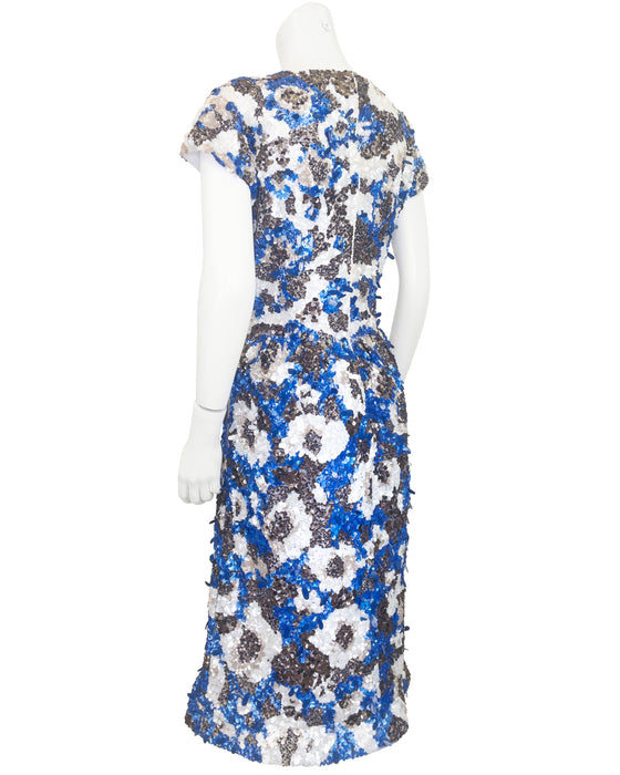 Blue, White & Bronze Hand Sequinned Cocktail Dress