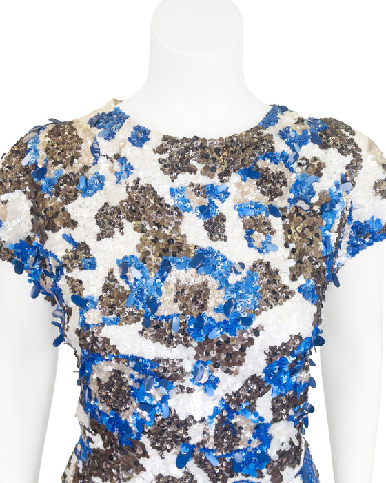 Blue, White & Bronze Hand Sequinned Cocktail Dress