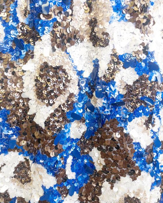 Blue, White & Bronze Hand Sequinned Cocktail Dress