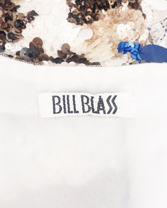 Blue, White & Bronze Hand Sequinned Cocktail Dress