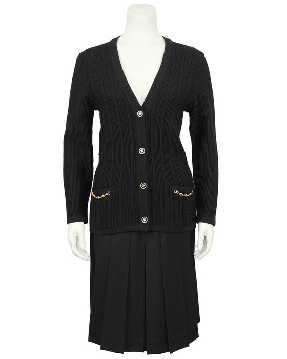 Black Wool Cardigan and Gabardine Skirt Ensemble