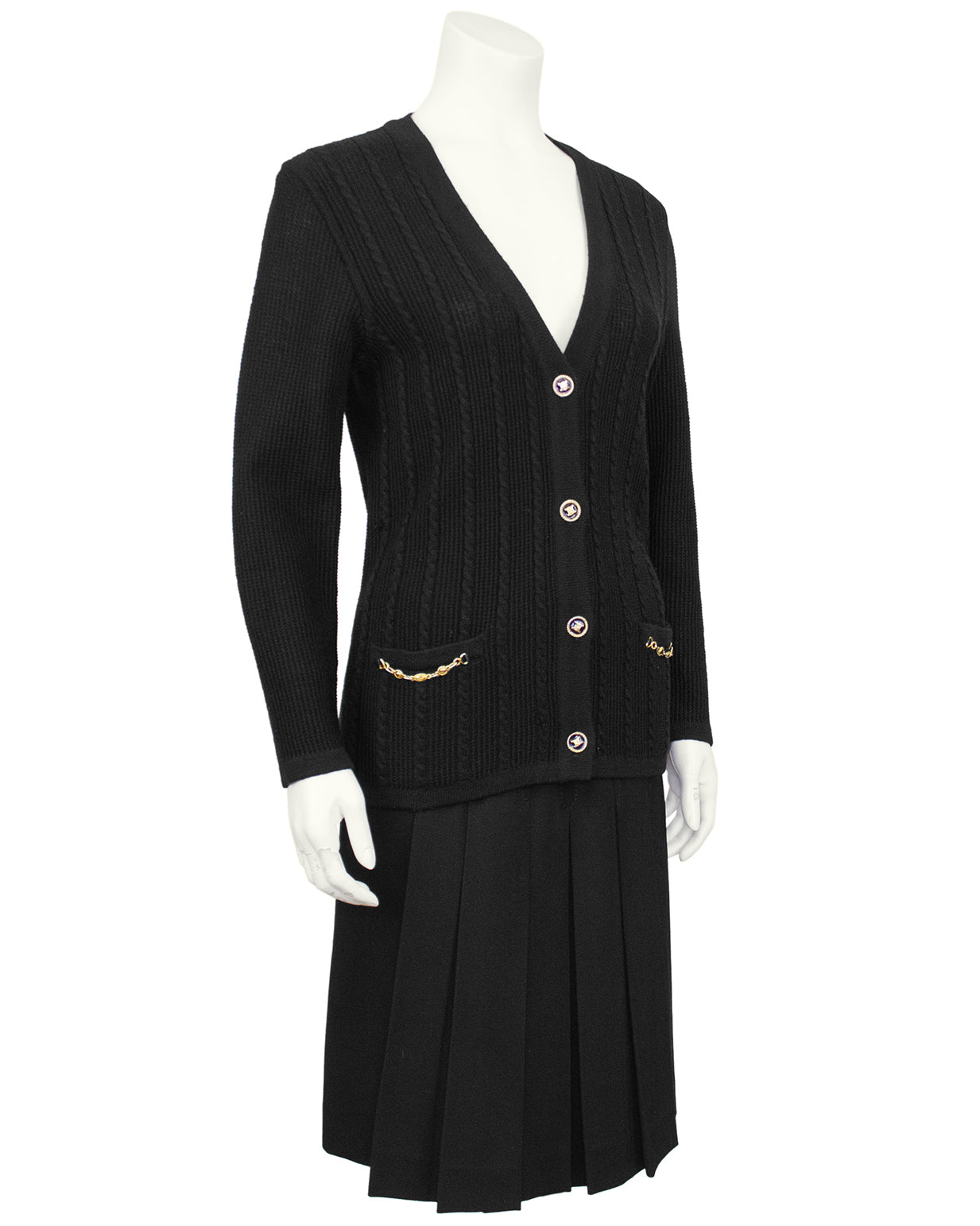 Vintage Alain Chabason Skirt Suit Black Wool & Velvet 2-Piece Set S