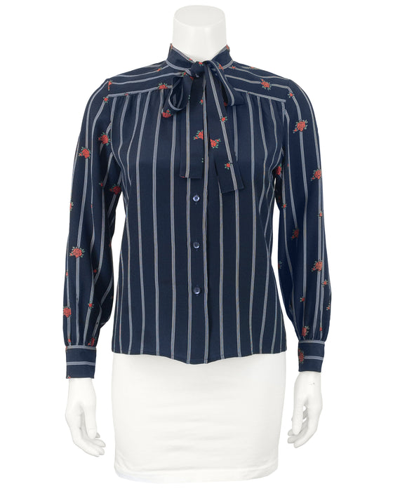 Navy Silk Neck Tie Shirt With Roses