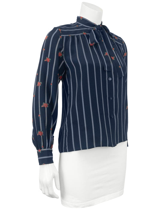 Navy Silk Neck Tie Shirt With Roses