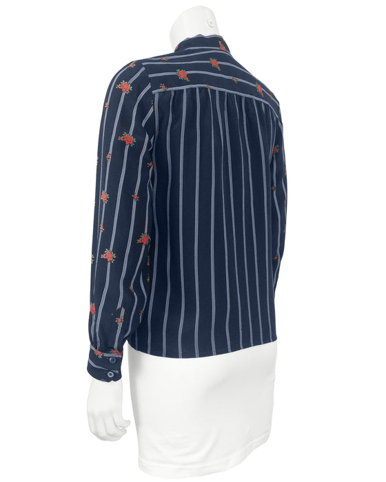 Navy Silk Neck Tie Shirt With Roses