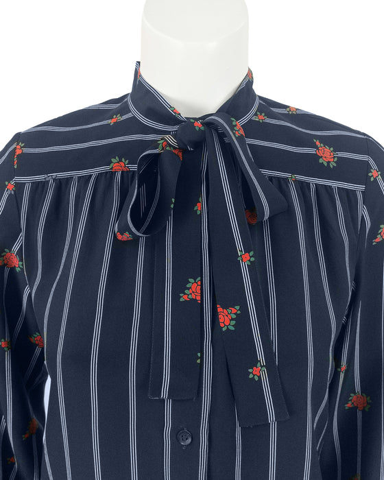 Navy Silk Neck Tie Shirt With Roses