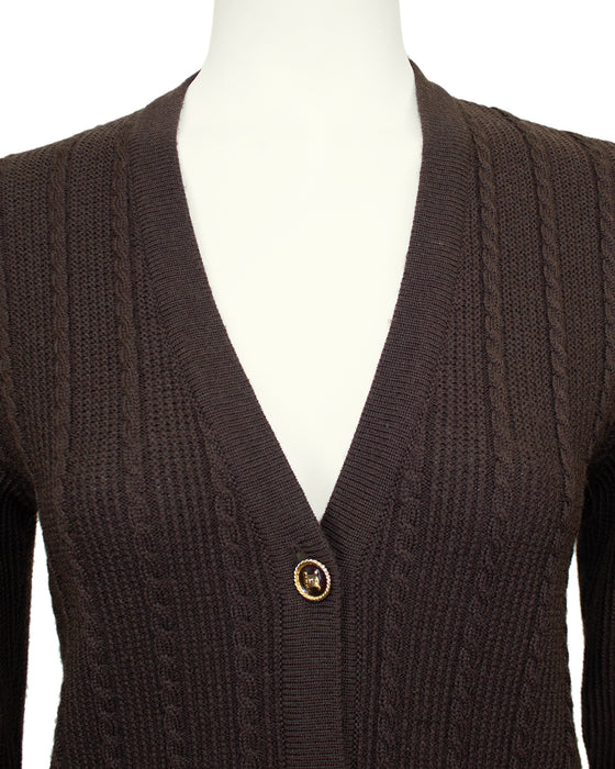 Brown Wool Cardigan and Gabardine Skirt Ensemble