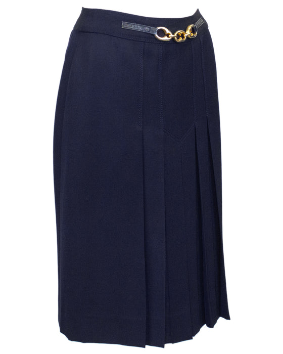 Navy Wool Gabardine Pleated Skirt