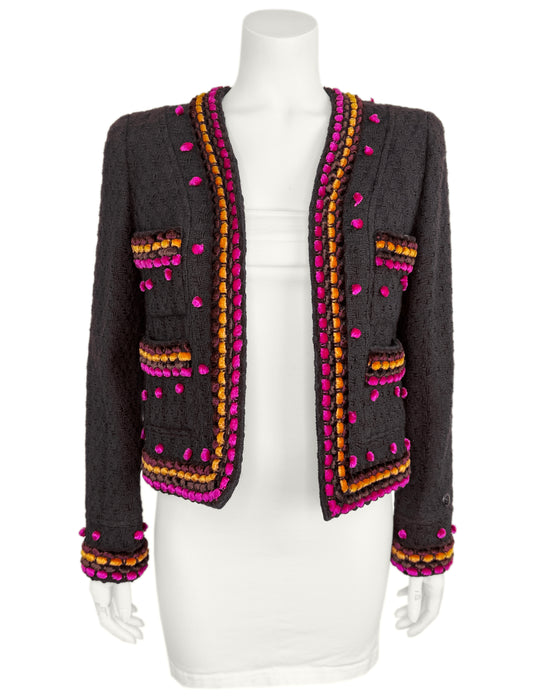 Brown Wool Boucle Jacket with Chenille Velvet Trim