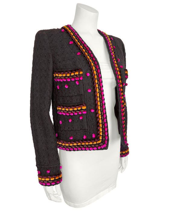 Brown Wool Boucle Jacket with Chenille Velvet Trim