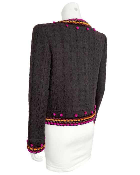 Brown Wool Boucle Jacket with Chenille Velvet Trim