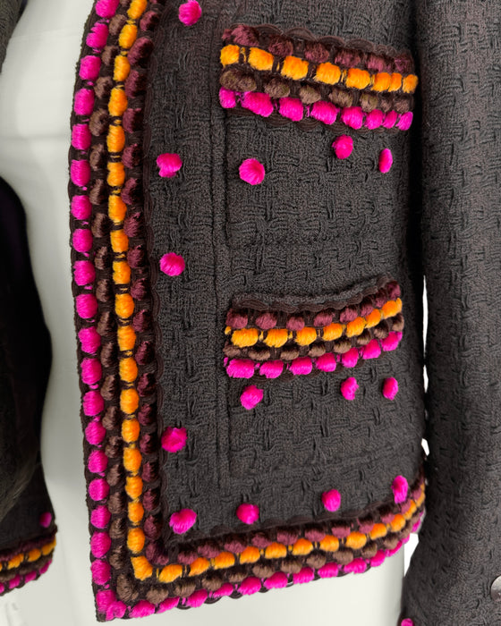 Brown Wool Boucle Jacket with Chenille Velvet Trim