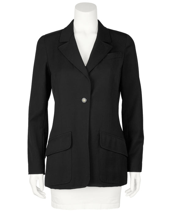 Black Mid Weight Wool Long Style Blazer With Logo Button