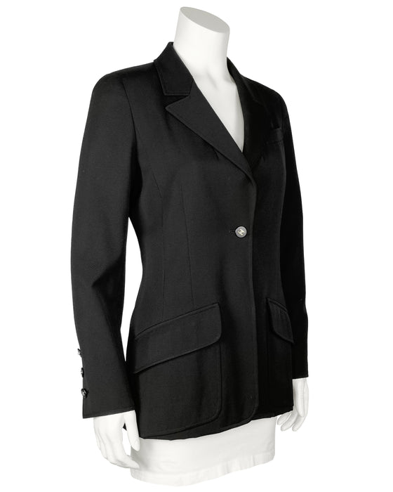 Black Mid Weight Wool Long Style Blazer With Logo Button