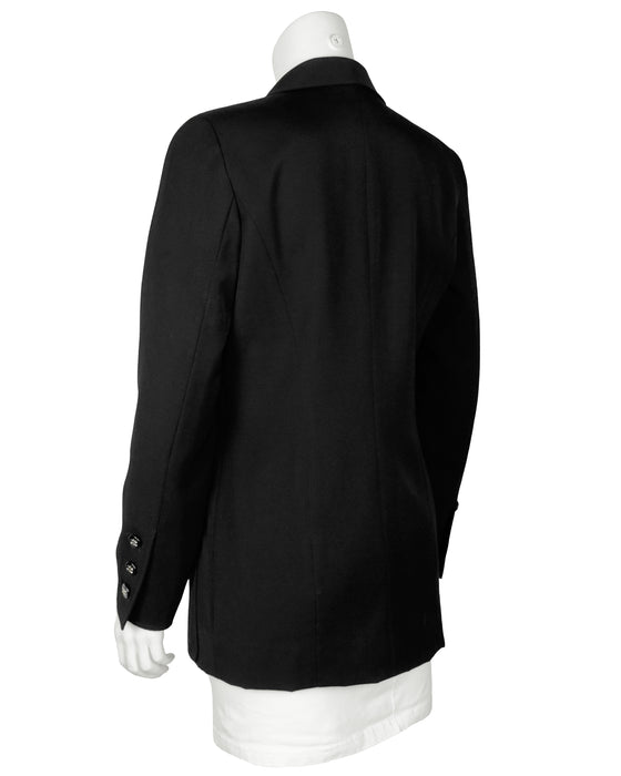 Black Mid Weight Wool Long Style Blazer With Logo Button