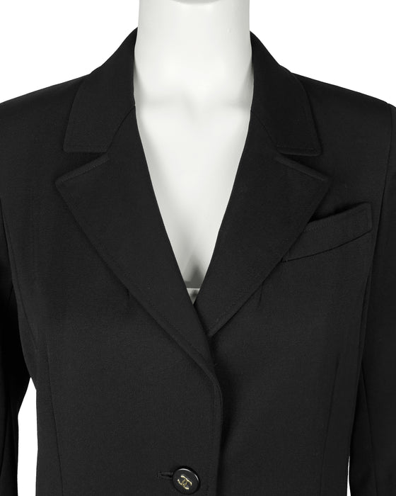 Black Mid Weight Wool Long Style Blazer With Logo Button