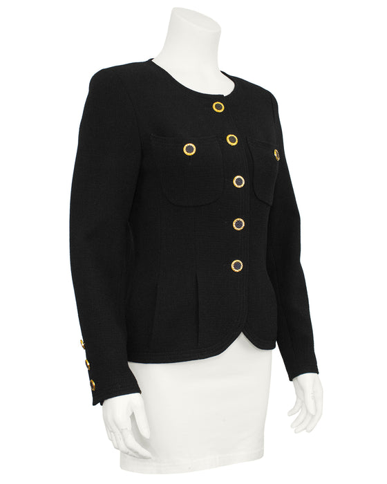 Black Collarless Jacket with Gold Buttons