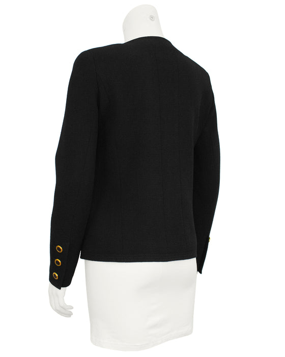 Black Collarless Jacket with Gold Buttons