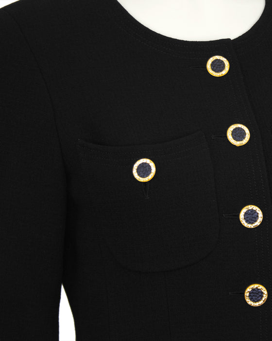 Black Collarless Jacket with Gold Buttons